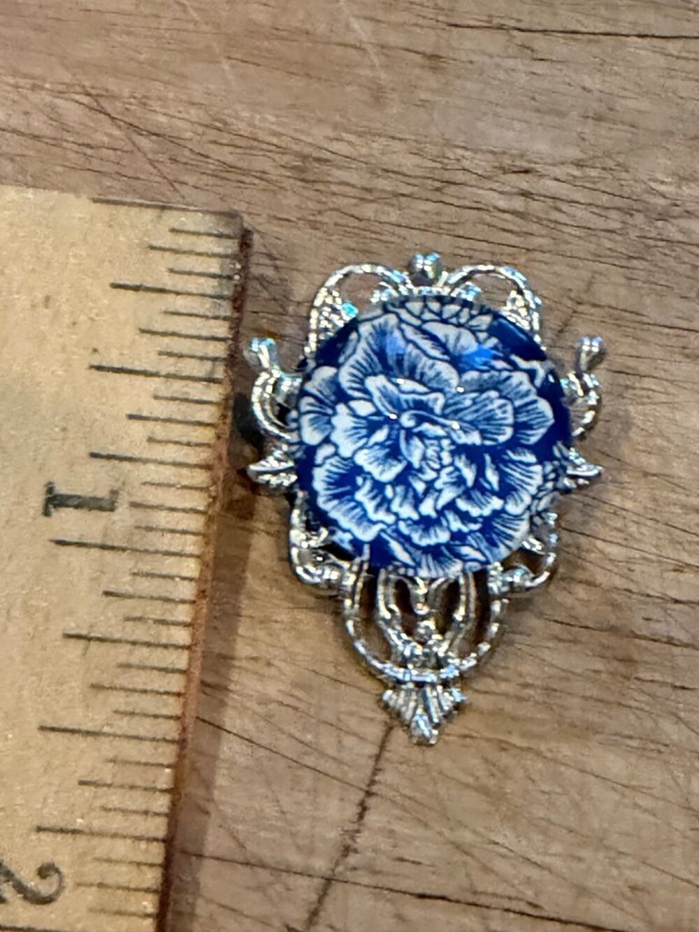 Vintage Silver Filigree Brooch With Blue Porcelain Floral Centerpiece 2 Inches